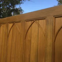 Bespoke gate design - combination of flat top, boards and gothic arch